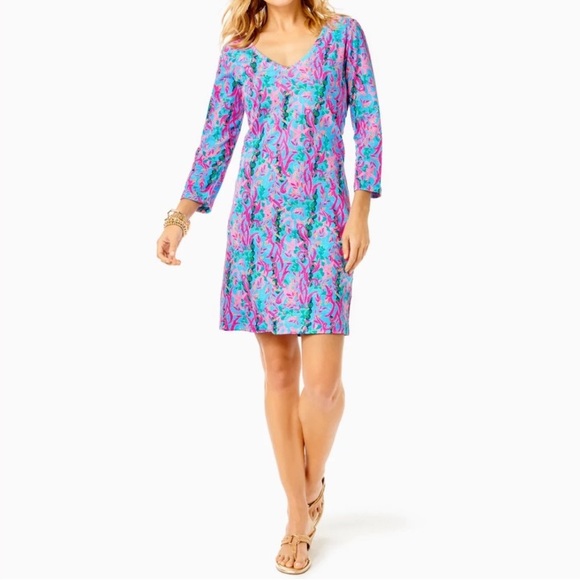 Lilly Pulitzer Tessa 3/4 Sleeve V-Neck Seaweed Samba T-Shirt Dress Blue Pink XS - Picture 2 of 11